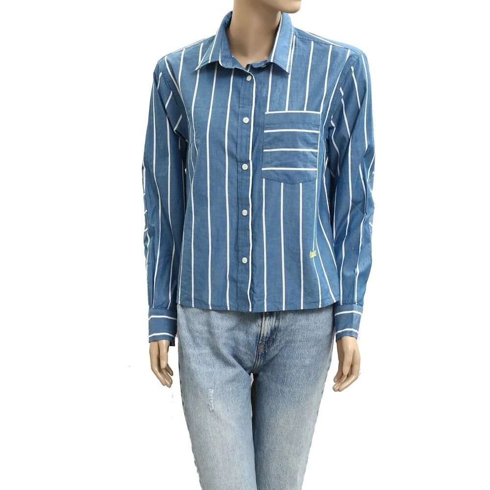Kerri Rosenthal Striped Print Buttondown Long Sleeve Blue Shirt Top S 286129